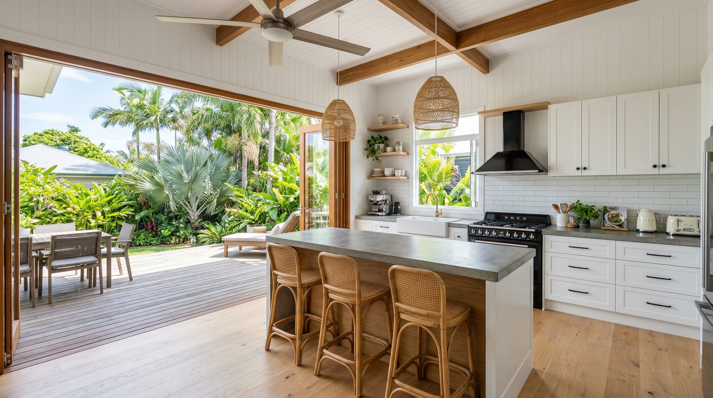 Renovated Brisbane Queenslander kitchen with timber accents and concrete benchtops